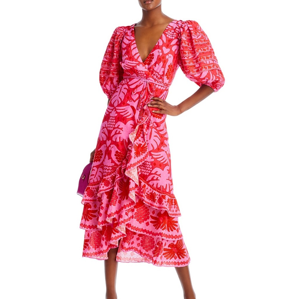 FARM Rio Red and Pink Floral Midi Dress